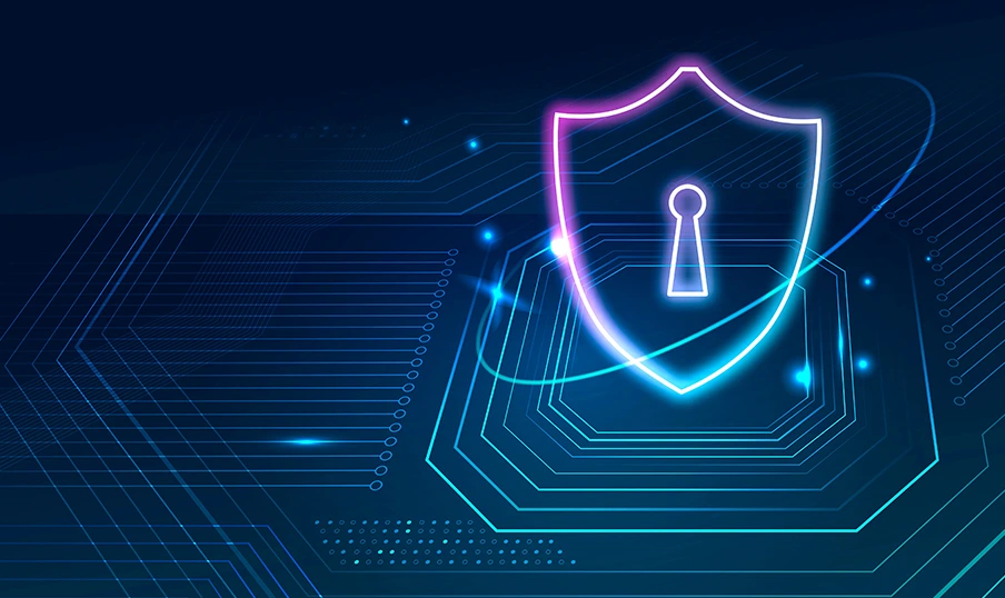 Glowing digital shield with keyhole and circuitry, symbolizing cybersecurity and protection.
